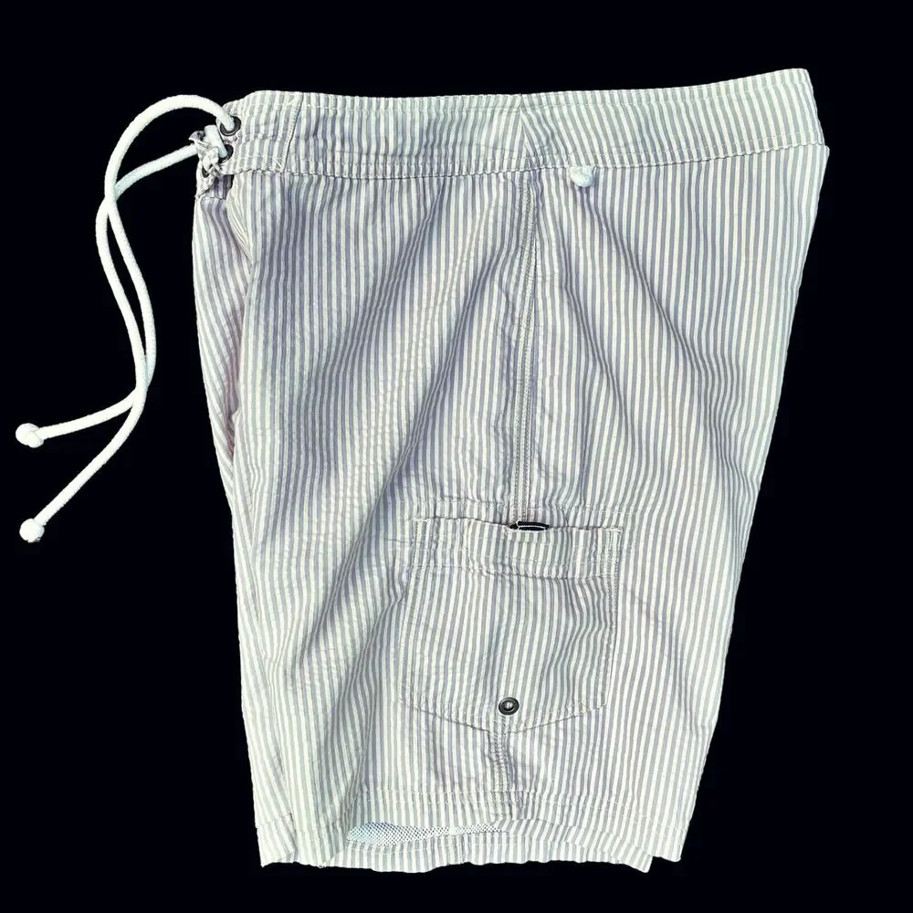 J Crew Mens 33 Seersucker Swim Trunks Cargo Shorts Green Tan Striped Mesh Lined‎